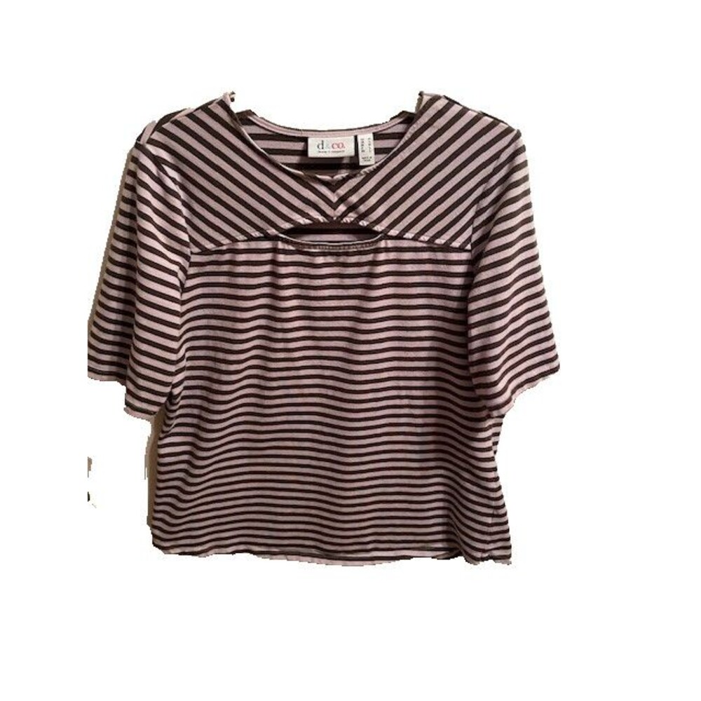 Denim & Co. Keyhole Shirt Pink Striped Short Sleeve Stretch  Large